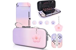 DLseego Pink and Purple Switch Case Set Gradient Carrying Case with 10 Slots Cute Protective Dockable Hard Shell with 4PCS Glitter Cat Paw Thumb Grips Caps and 1PC Flower Blossom Chain For Switch 2017