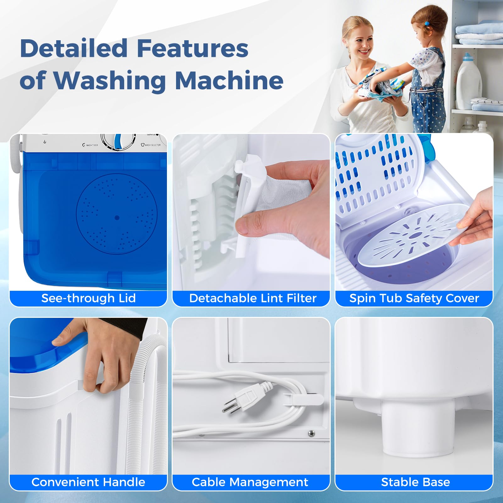 Giantex Portable Washing Machine, 17.6lbs Compact Washer Spinner Combo with Pump Drain, Twin Tub 11lbs Wash & 6.6lbs Spin, Lavadoras Portatiles for Apartment RV Dorm College (White & Blue)