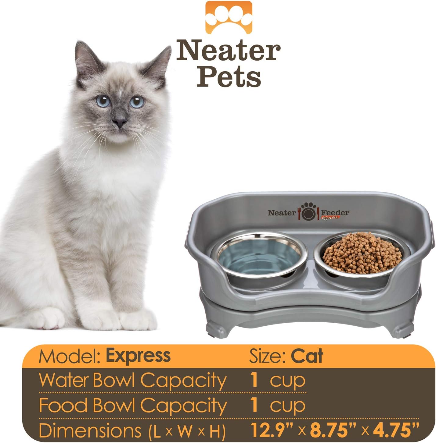 Neater Feeder Express (Cat, Gunmetal) - with Stainless Steel, Drip Proof, No Tip and Non Slip Cat Bowls and Mess Proof Pet Feeder: Kitchen & Dining