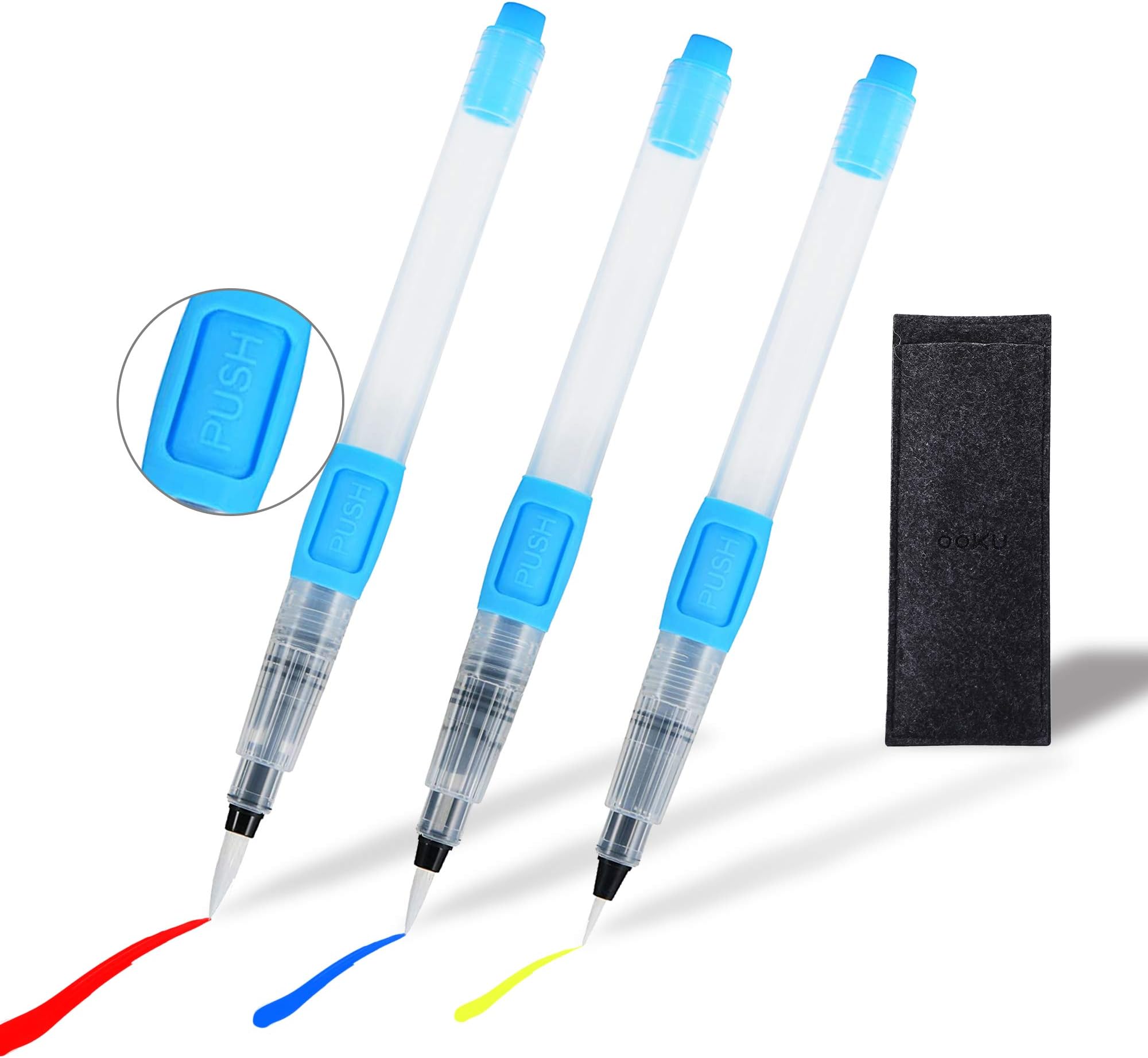 OOKU Watercolor Brush Pens- 3 Pc Professional Watercolor Pens With Push Button to Control Flow Speed, Self-Moistening Water Brush Pen | Used for Painting, Lettering, Coloring Water Color Brush