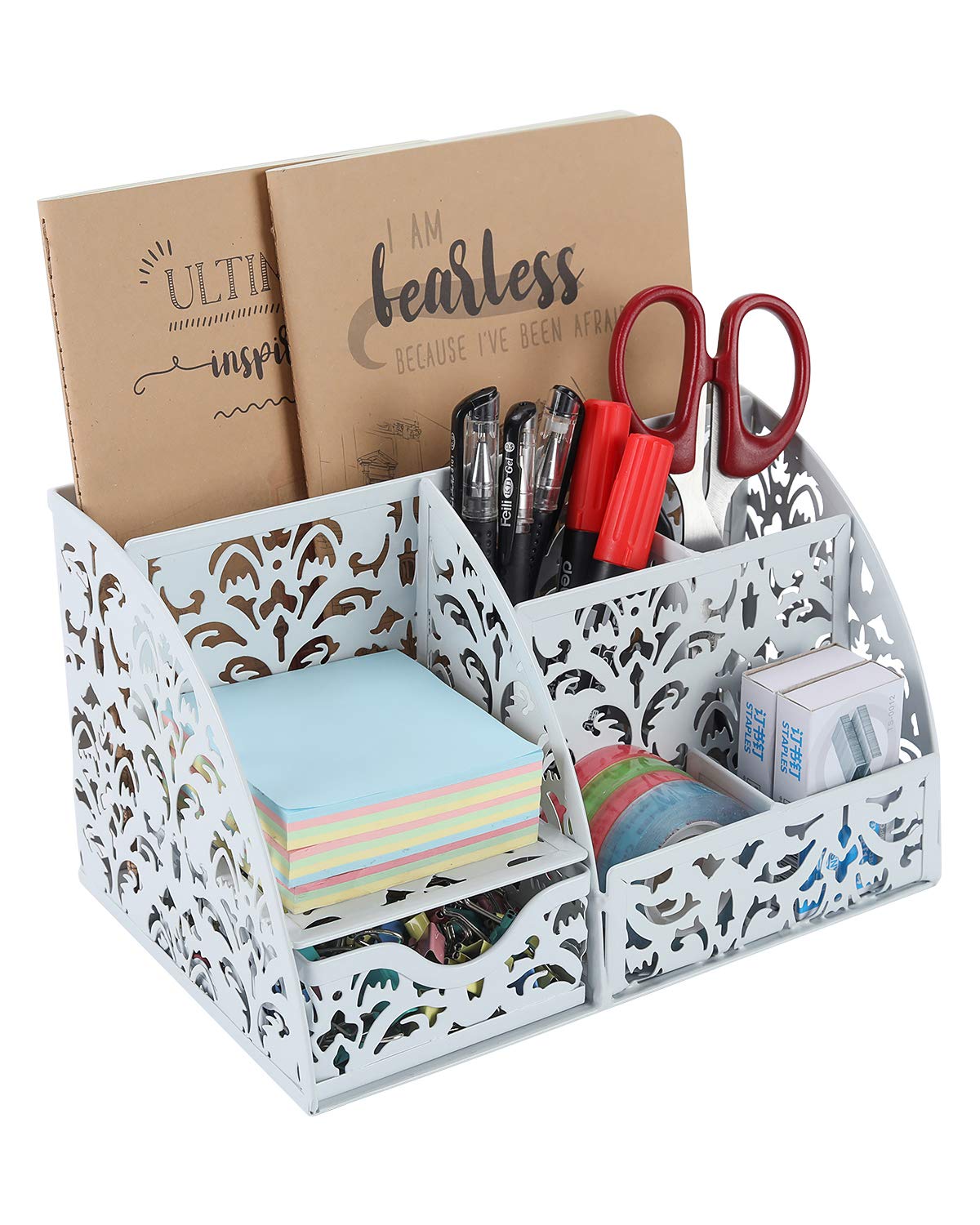 EasyPAG Office Metal Desk Tidy Versatile Stationery Storage Desktop Sticky Note Organiser Pen Holder with Drawer,White