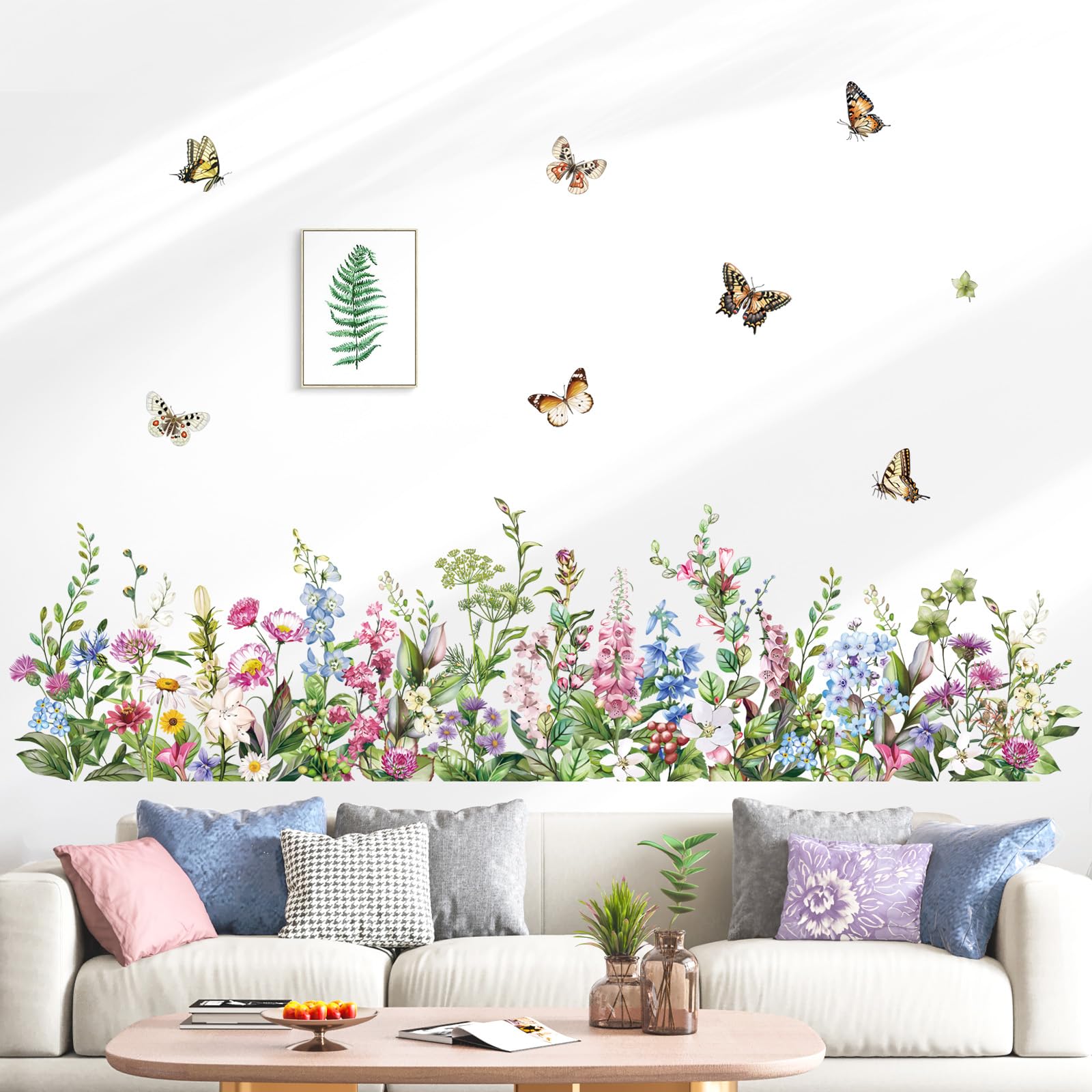 decalmile Green Grass Flower Wall Corner Decals Garden Floral Butterflies Baseboard Skirting Line Wall Stickers Bedroom Living Room Kids Room Wall Art Decor