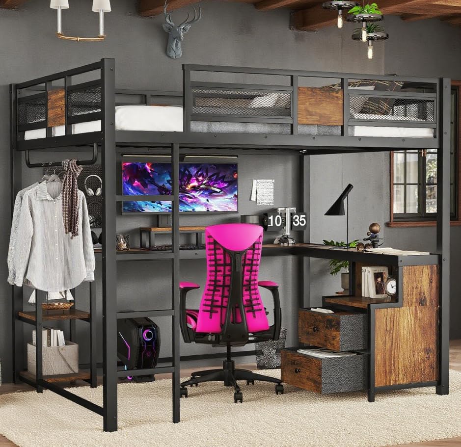 Photo 1 of **PARTIAL SET BOX 1 OF 2 / MISSING ASSEMBLY HARDWARE & INSTRUCTIONS** Bellemave Queen Loft Bed with Desk and Fabric Drawer, Metal Queen Loft Bed Frame with guardrail and Ladder for Adults, Kids, Teens, Black