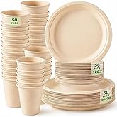 Havawish 150 Pcs Compostable Paper Plates and Bowls Cups Sets 9 Inch Disposable Plates 12 oz Biodegradable Paper Bowls and Cups for Dinner 50 Person Bulk Party Supplies