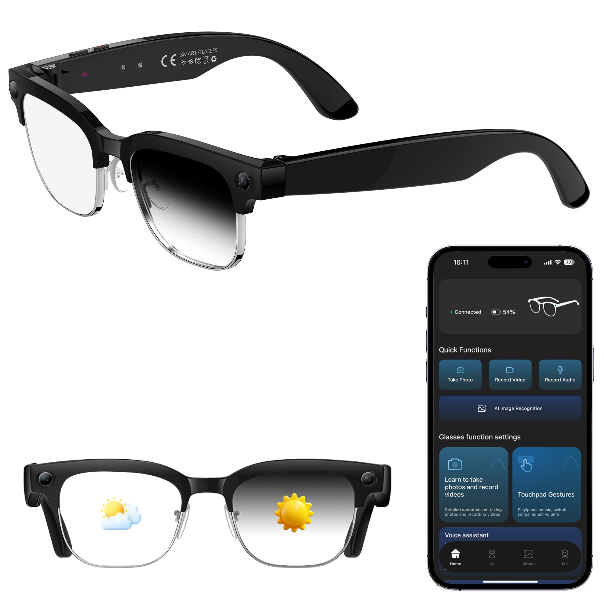 Photo 1 of AI Smart Glasses with 8MP Camera 1080P HD Video & 4K Photo , Audio Recording Sunglasses with Real Time AI Translation, Open-Ear Audio, Voice Assistant, 290mAh Bluetooth Glasses for Men & Women
