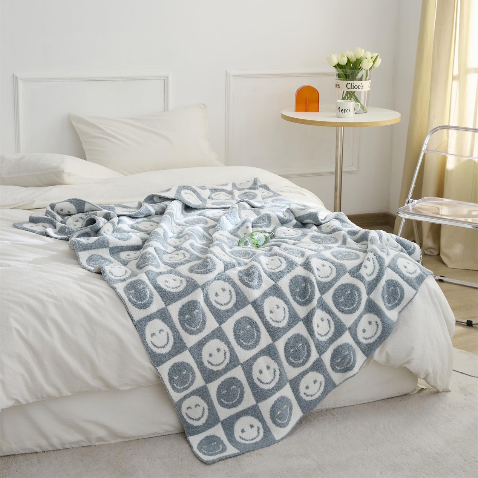 Photo 1 of YIRUIO with Smiley Faces Checkerboard Throw Blankets Checkered Reversible Microfiber Super Soft Warm Cozy Fluffy Shaggy Blanket for Home Office Couch Bed Sofa Decor (Slate Gray)