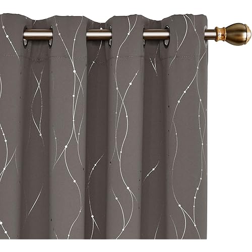 Deconovo Blackout Curtains Wave Line with Dots Foil Print Design Curtains Window Curtains with Grommet for Living Room 52 x 84 Inch Taupe 2 Panels