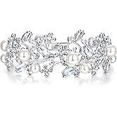 EVER FAITH Austrian Crystal White Simulated Pearl Bridal Floral Leaf Tennis Bracelet Clear