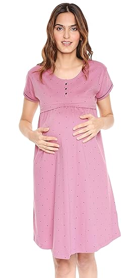 Women's Cotton Navy Blue & Orchid Maternity Night Dress Geometric Print Feeding Short Nighty