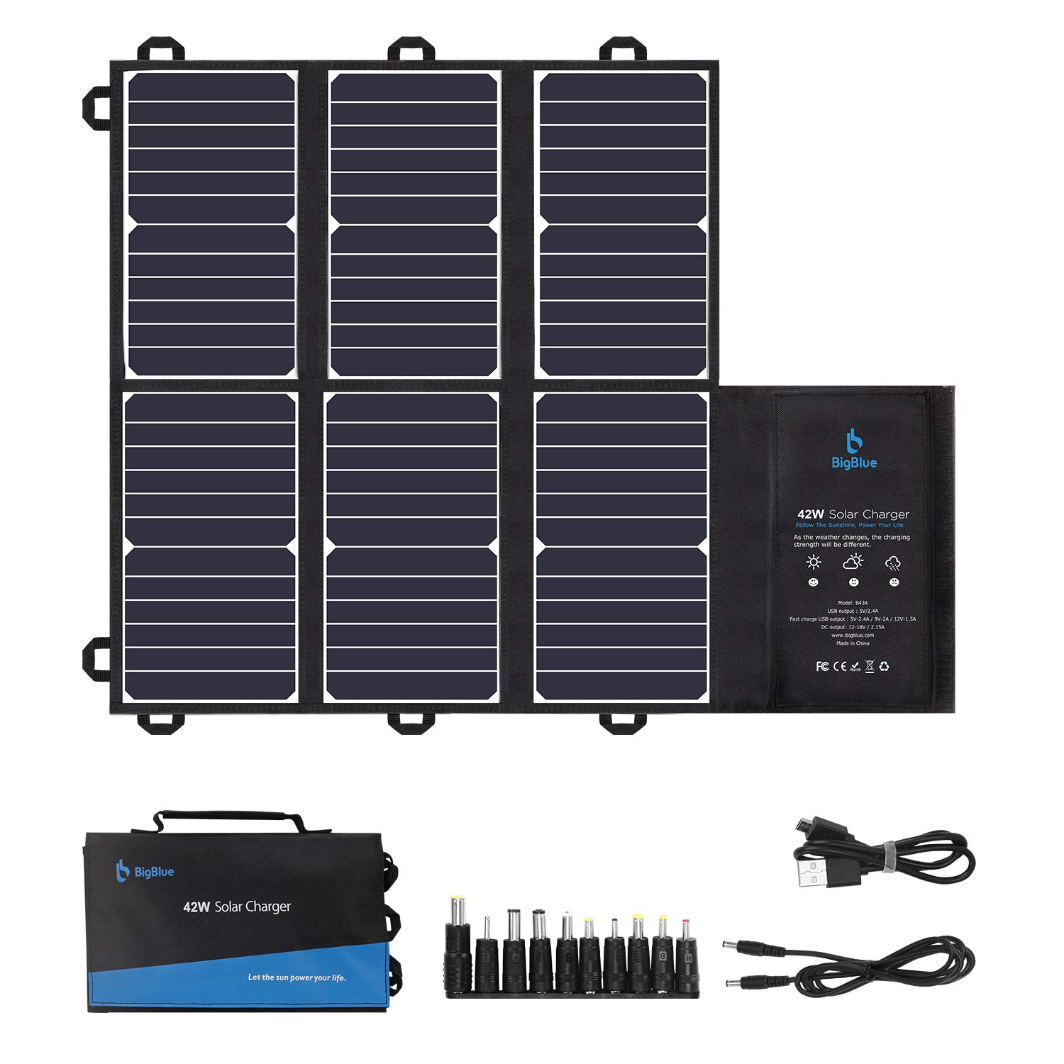 BigBlue SunPower Portable Solar Panel, 42 W Foldable Solar Charger (2 USB + 12 V DC Output) for Camping, Fast Charging, IPX4, Compatible with Mobile Phone, iPad, 12 V Battery etc.