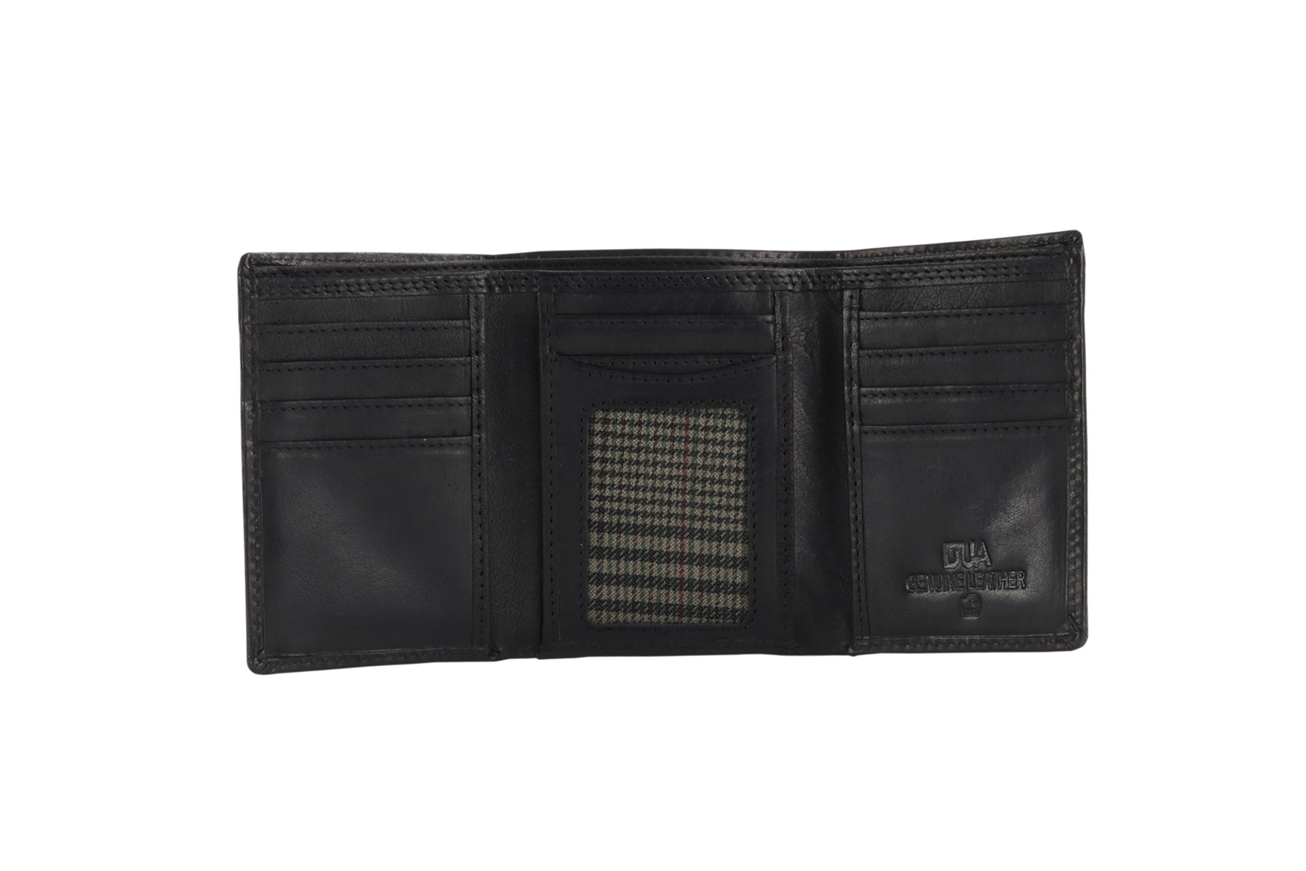 DUA RFID Mens Genuine Leather Trifold Wallet Card Holder Black & Brown (Black)