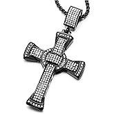 COOLSTEELANDBEYOND Mens Women Large Steel Black Cross Pendant Necklace with Cubic Zirconia and 30 inches Wheat Chain