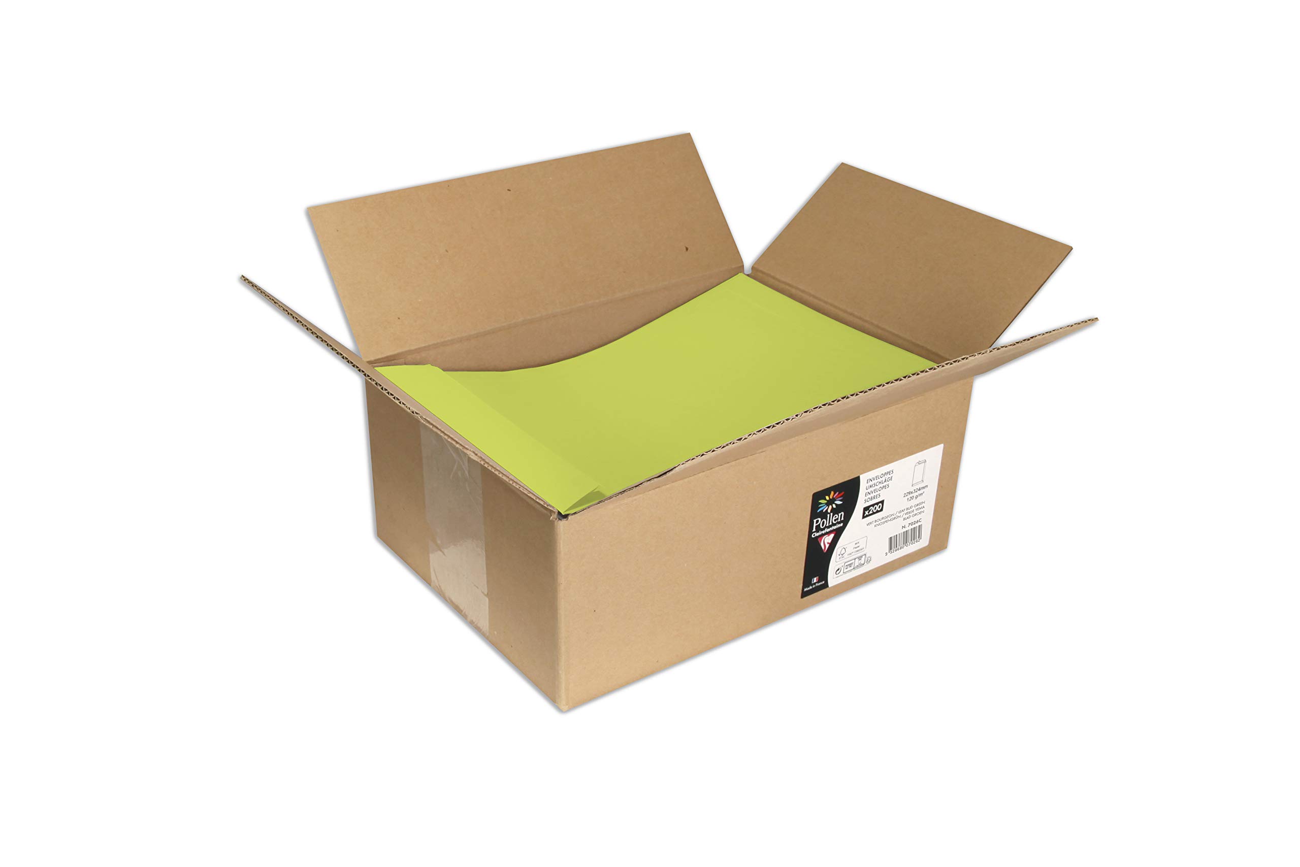 Clairefontaine 7026C Box of 200 Self-adhesive Pockets in Bulk 22,9x32,4cm 120g/m² Leaf Bud Green Invitation Events Correspondence Pollen Range Premium Paper