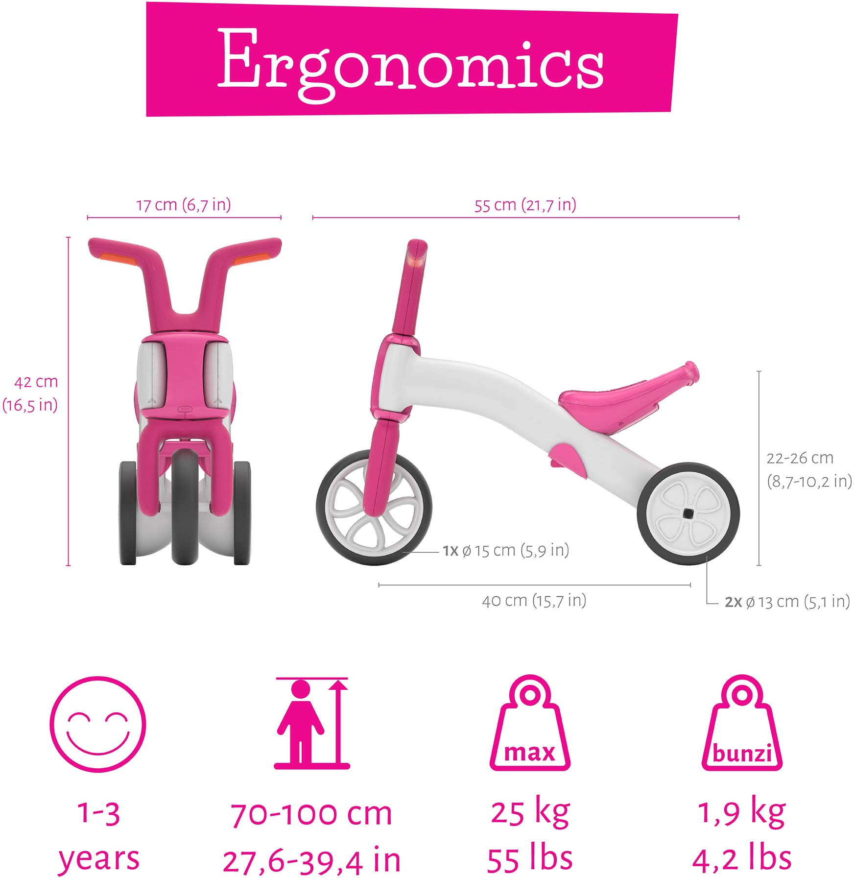 Chillafish Bunzi Gradual Balance Bike and Tricycle, 2-in-1 Ride on Toy for 1-3 Years Old, Silent Non-Marking Wheels, Pink