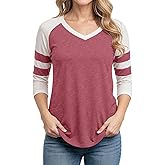 Decrum 3/4 Length Sleeve Womens Tops - Trendy Casual V Neck Raglan Sleeve Baseball Shirt Women