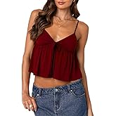Women Y2k Flowy Ruffle Hem Cami Tank Top Casual Solid Color Deep V Neck Sleeveless Peplum Camisole Summer Beachwear