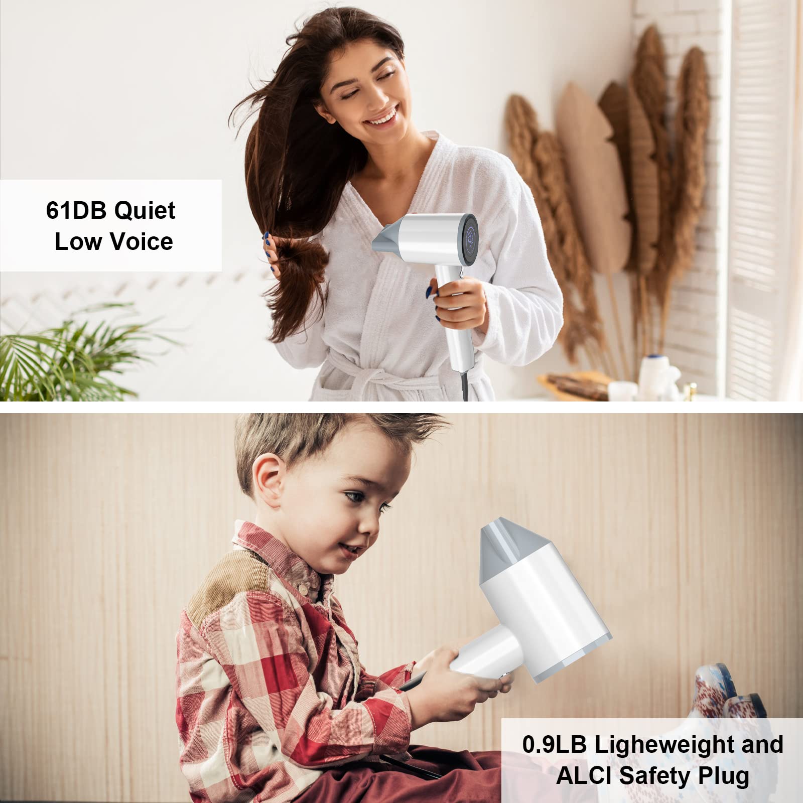 FANWINYU Hair Dryer, Corded Electric, White, 122 - 194, 1280W, 110,000 RPM, 90mm Air Channel, LED Display, 360 Rotating Magnetic Nozzle, 200 Million Negative Ions