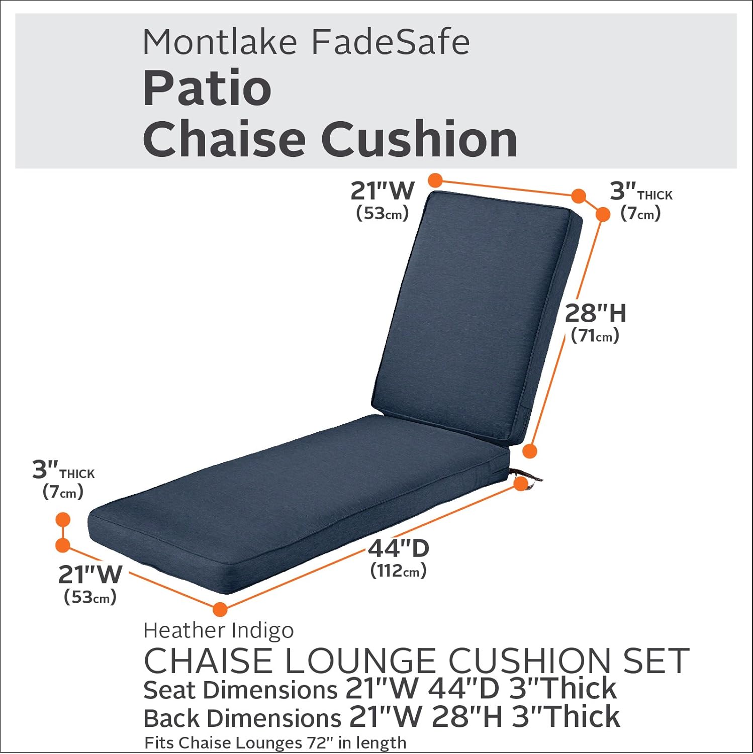 Classic Accessories Montlake Water-Resistant 72 x 21 x 3 Inch Outdoor Chaise Lounge Cushion, Patio Furniture Cushion, Heather Indigo Blue : Garden & Outdoor