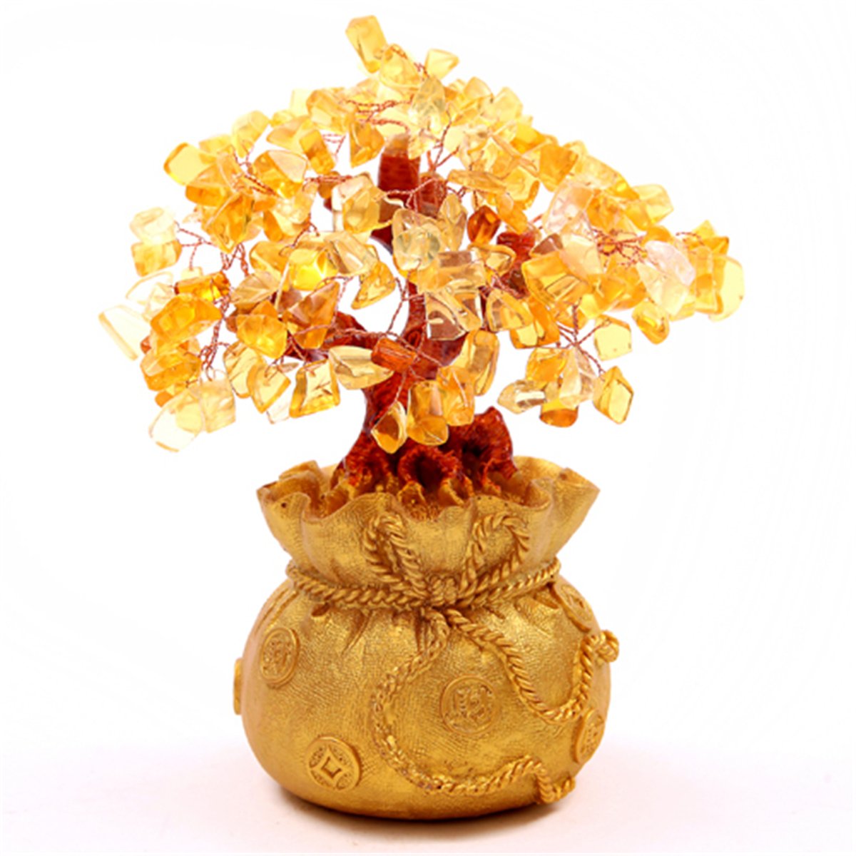 7" Feng Shui Citrine/Yellow Crystal Money Tree in a Money Bag for Wealth Luck + Red String Bracelet SKU:H1011