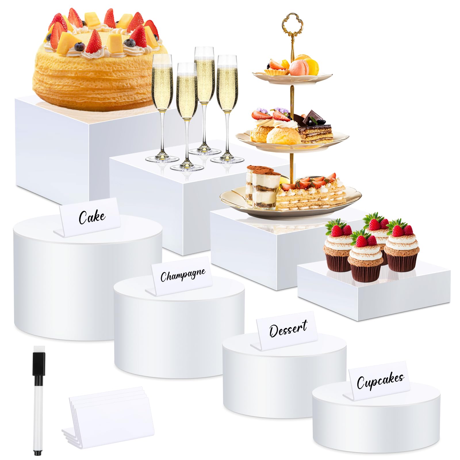 Photo 1 of Buffet Risers Set of 8 Acrylic Cube Display Stands Box Risers with Hollow Bottoms 4 Different Size Dessert Table Display Set Food Nesting Risers for Buffet Table, Cupcake Candy Food, Parties, Brunch, Weddings (4 PCS Cubes +4 PCS Cylinders)