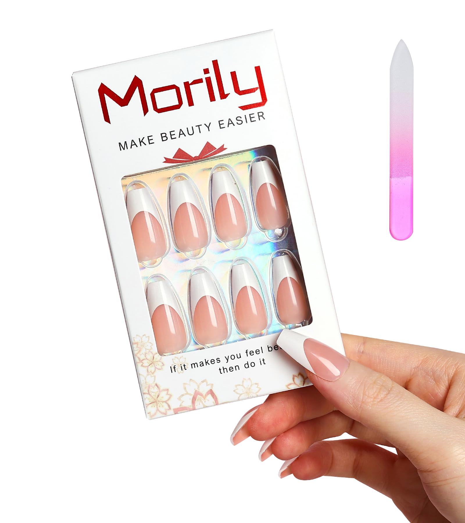 Morily Light Pink White French Tip Press on Nails, 30Pcs Long Coffin Thicker Fake Nails Reusable False Nails with Design, Glossy Acrylic Stick on Nails for Women, 15 Sizes, Include Glass File - Image 2