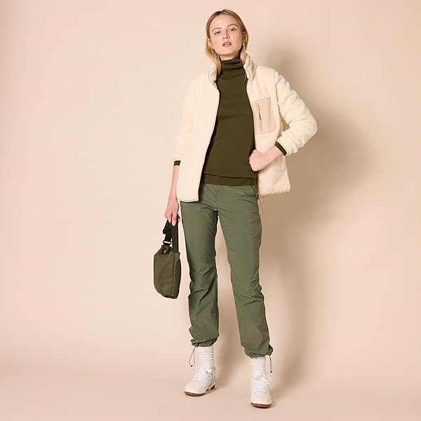 AMAZON ESSENTIALS WOMEN’S SHERPA LONG-SLEEVE MOCK NECK FULL-ZIP JACKET WITH WOVEN TRIM (AVAILABLE IN PLUS SIZE), BEIGE COLOR BLOCK, X-SMALL