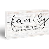 Family Where Life Begins Love Never Ends Wooden Sign - 4" x 6" Inspirational Pinewood Block Decor - Tabletop Rustic Desk Shelf Decor For Home Office - Housewarming Gift For Family & Friends - C10
