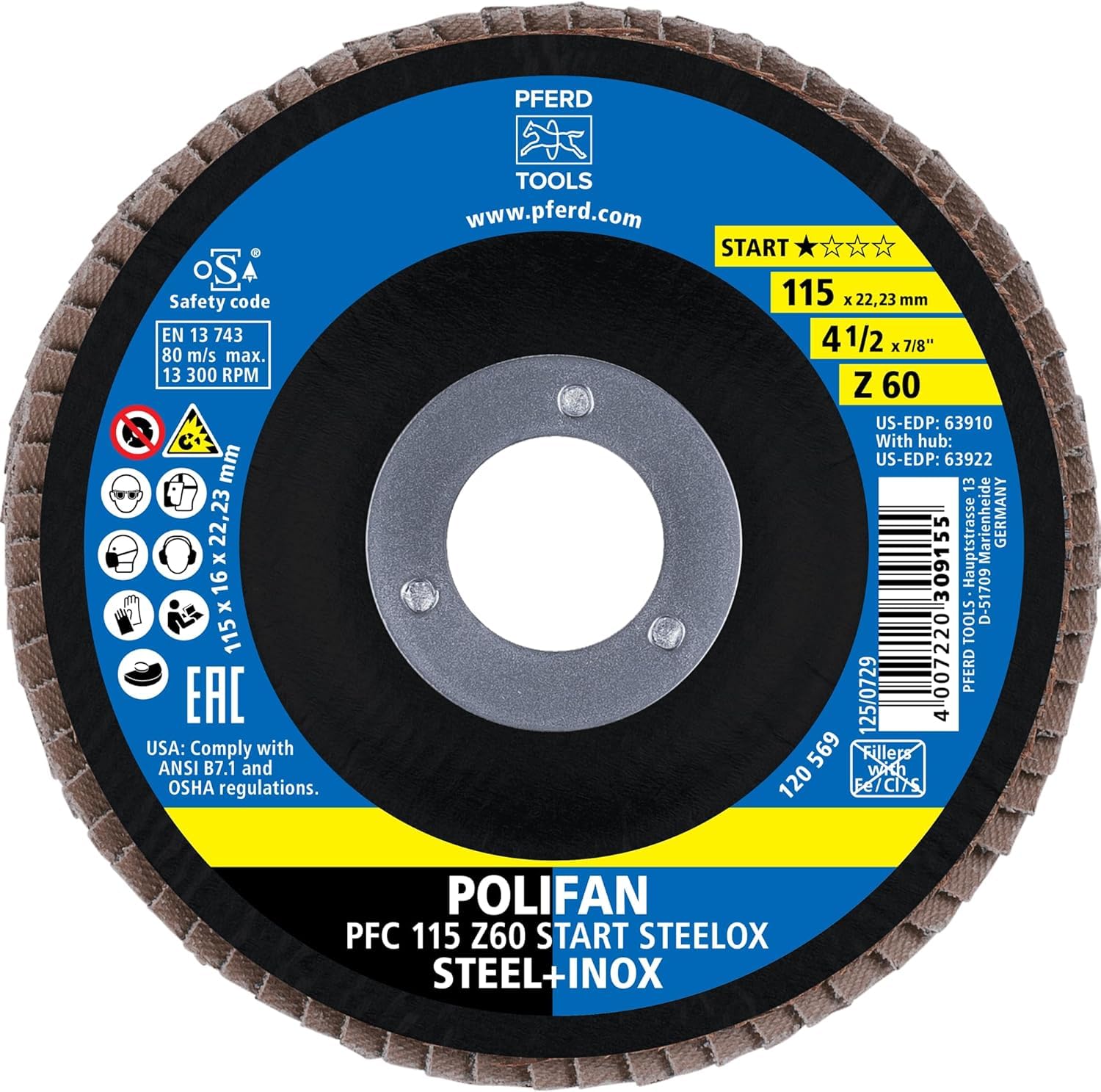 PFERD Polifan Serrated Washer, Pack of 10, PFC 115 x 22.23 mm Conical Z60 Start Line Start Steelox 69300937 - for Steel, Stainless Steel (INOX)