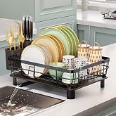 AIDERLY Metal Dish Drying Rack Automatic Drainage, Black, Large | Removable Cutlery Basket, Drainboard &amp; Knife Slots, Dish Drainers, for Kitchen Counter Sink