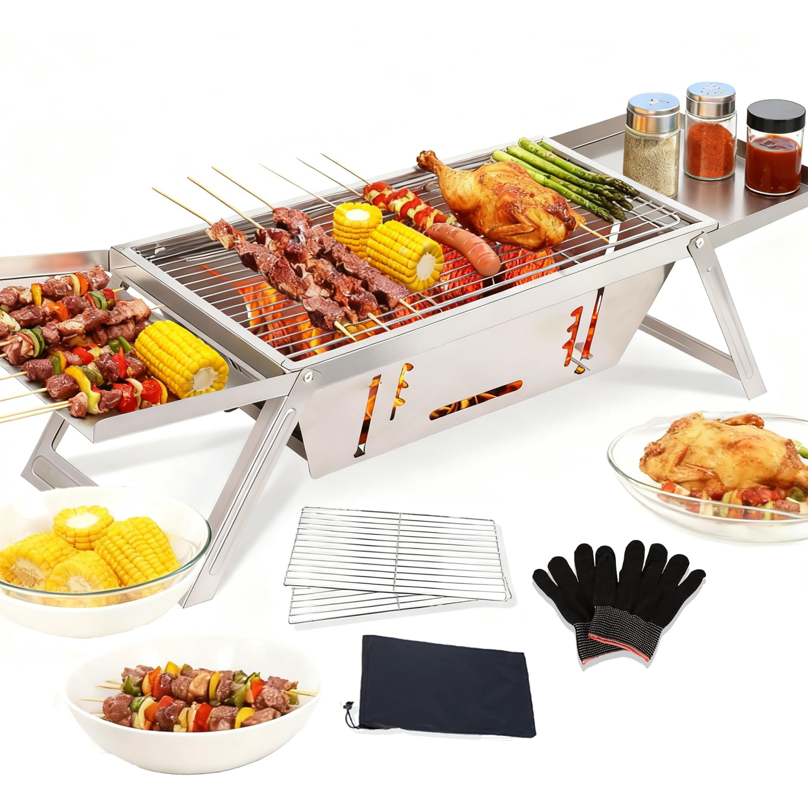 Aolawco BBQ Barbecue Grill Outdoor, Portable Folding Charcoal Barbecue, Stainless Steel Small Barbeque Grill for Camping Picnic Terrace Travel (17.13''x8.86''x1.57'')