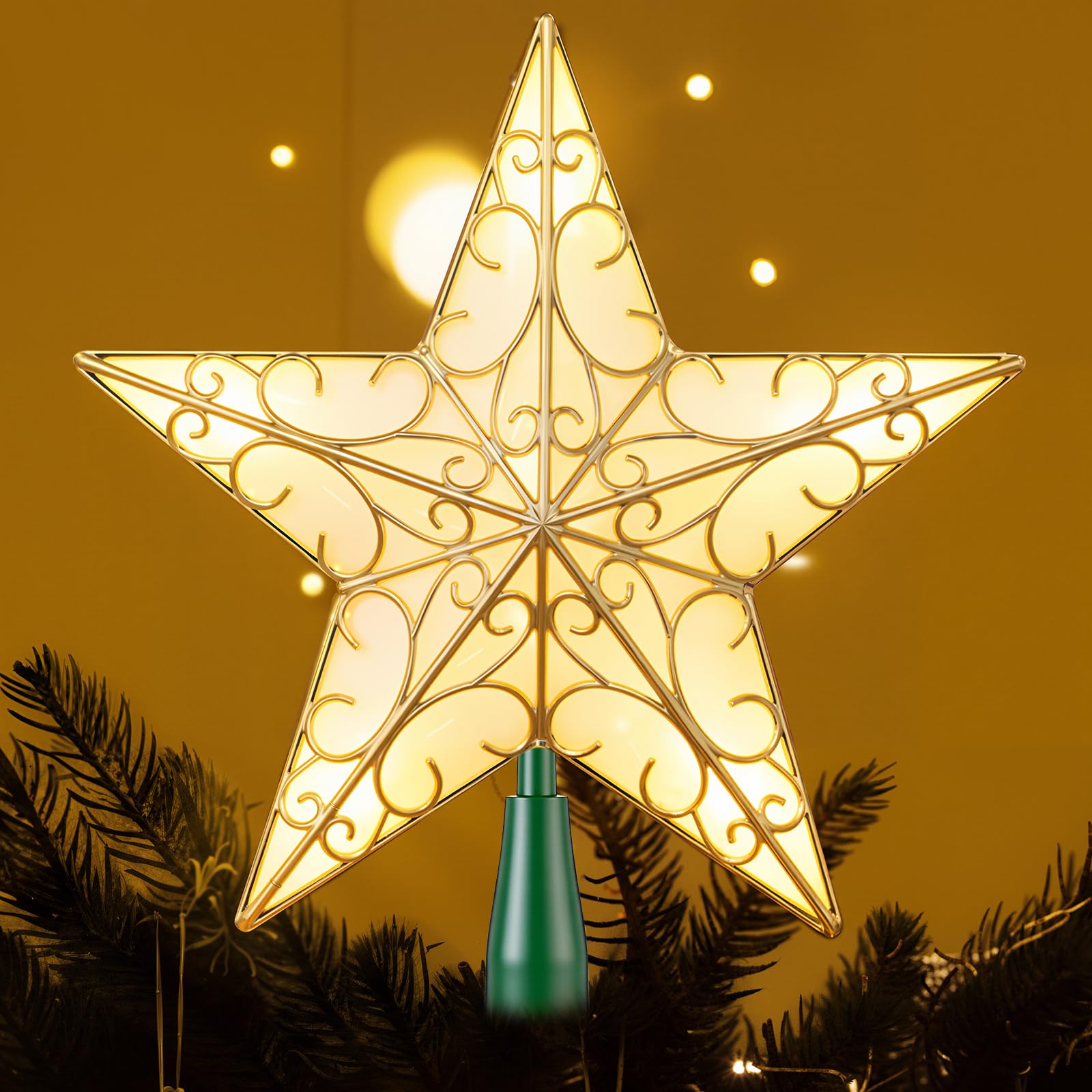Photo 1 of Nuanchu Christmas Star Tree Topper 10.4 x 9.4 Inch Large 3D Glitter Topper Ornament Metal Hollowed with 20 LED Lights Vintage Xmas Reflector Treetop New Year Holiday Indoor Decor(Gold Green)
