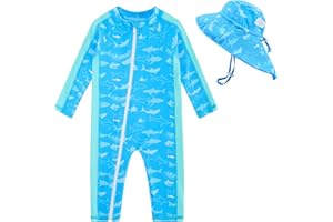UNIFACO Baby Boy Swimsuit UPF 50+ Sun Protection One Piece Zip Bathing Suit with Sun Hat Infant Sunsuit Swimwear