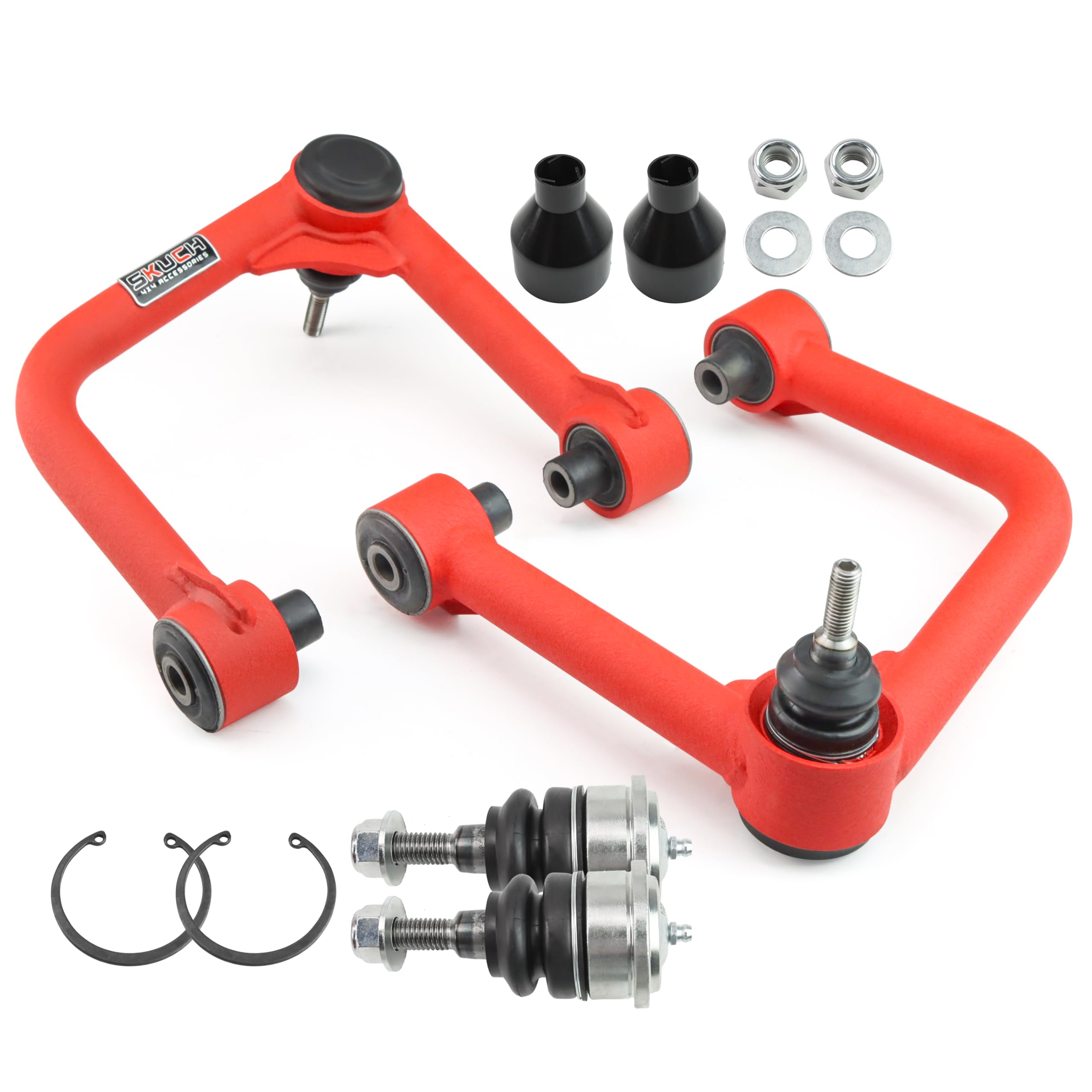 Photo 1 of Front Upper Control Arms for 2-4? Lift – 2021-2025 Ford Bronco – Adjustable Steel Ball Joint Ends, Wrinkle Red