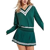 IUK Women's 2 Piece Tennis Skirt Set, V-Neck Long Sleeve Sweatshirt & High Waisted Pleated Skirt, Athletic Outfit for Golf