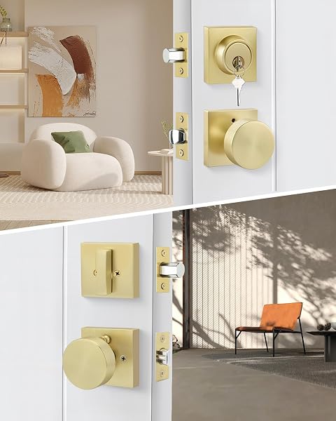 GOLDENWARM 2 PACK BRUSHED GOLD DOOR KNOB WITH DEADBOLT, CONTEMPORARY GOLD DOOR KNOBS EXTERIOR WITH DEADBOLT ZINC-ALLOY HEAVY DUATY BRASS FRONT DOOR KNOB AND DEADBOLT SET