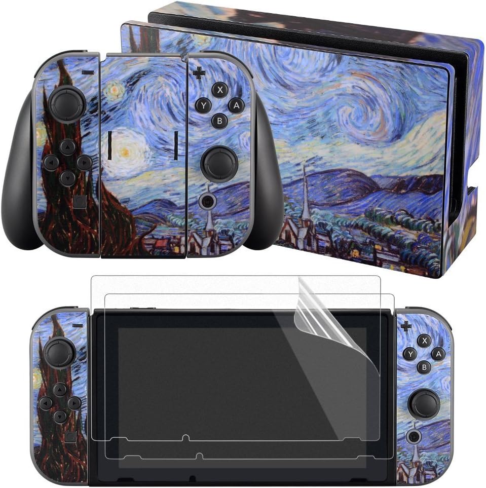 The Starry Night Full Set Faceplate Skin Decal Stickers for Nintendo Switch with 2 Pcs Screen Protectors (Console & Joy-con & Dock & Grip)