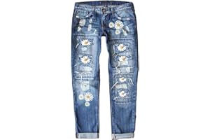 Astylish Womens Plaid Patch Ripped Jean Mid Waisted Boyfriend Trendy Stretch Printed Skinny Distressed Denim Pants with Hole