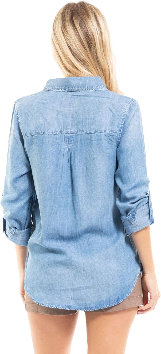 Design by Olivia Women's Classic Long/Roll Up Sleeve Button Down Denim Chambray Shirt: Clothing