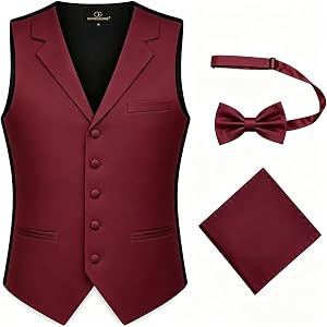 Oliver George Men’s 3pc Solid Suit Vest Notch Shawl Lapel Waistcoat Tuxedo Dress Vest BowTie Handkerchief Set