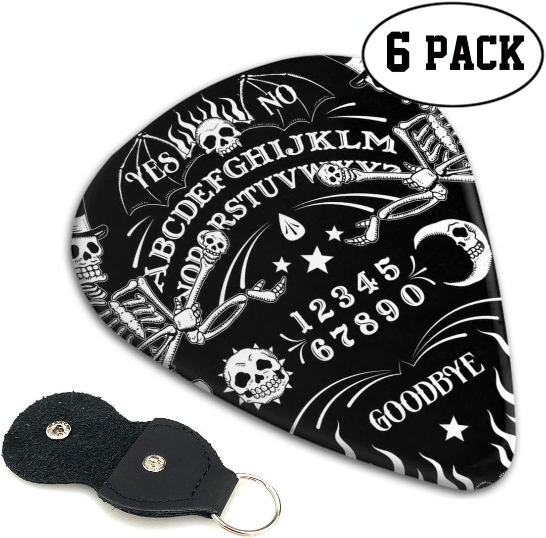 Guitar Picks for Ukulele Guitar Bass And Low Tension Music Instruments, Guitarist, Celluloid Skull Skeleton Ouija Board Tattoo Black Guitar Paddles, 6 Pack, Light/Medium/Heavy