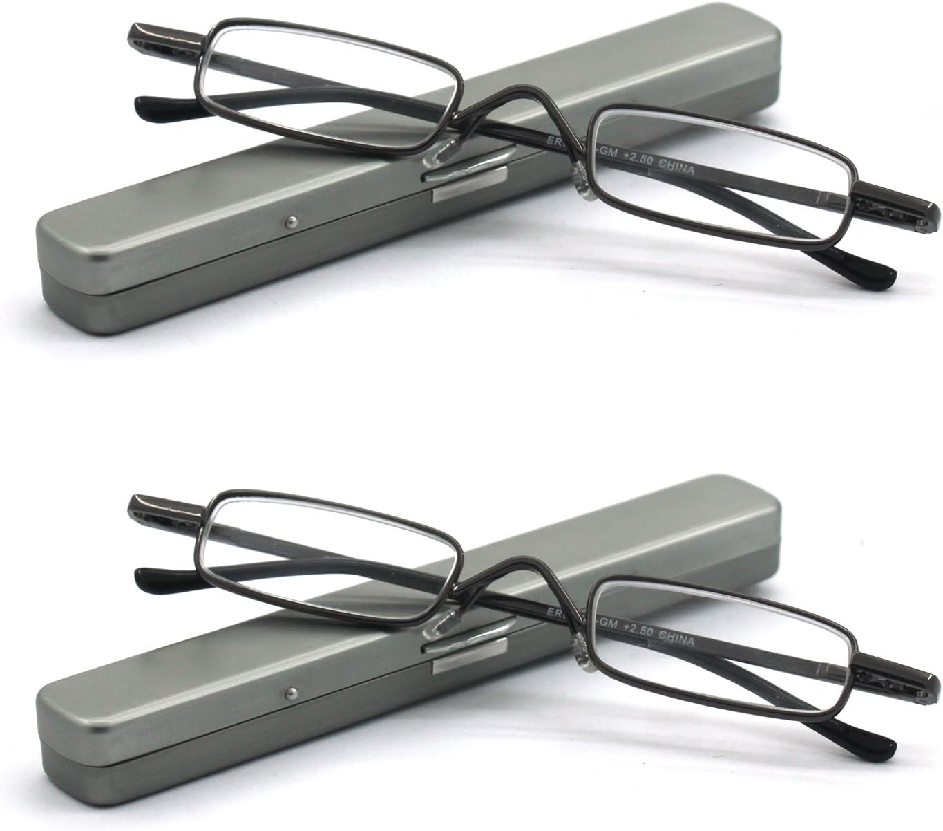 small reading glasses in metal case