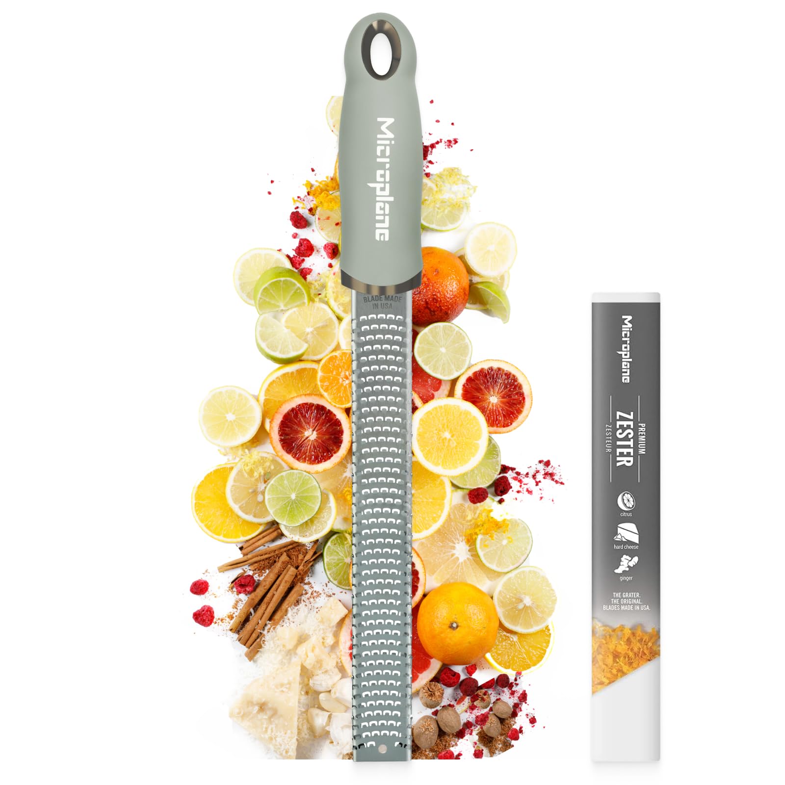 Microplane Zester Grater in Sage Green for Citrus Fruits, Hard Cheese, Ginger, Chocolate and Nutmeg with Fine Stainless Steel Blade - Made in USA