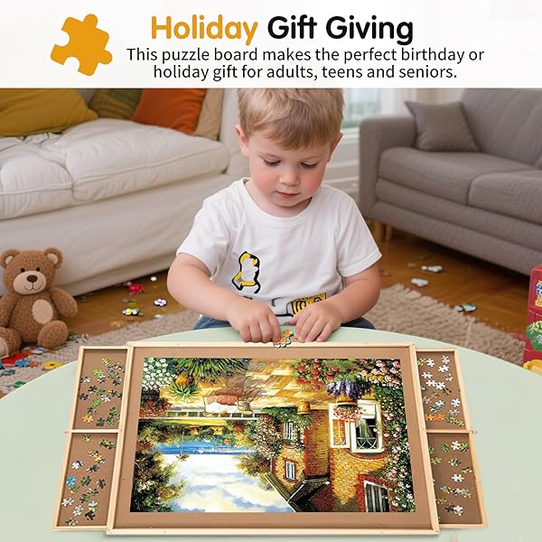 SMALL PUZZLE BOARD WITH LARGE DRAWERS & COVER MAT – PORTABLE 19.3″ X 24.8″ JIGSAW TABLE FOR ORGANIZED PUZZLING – IDEAL FOR SMALL PUZZLES(300-500PCS)