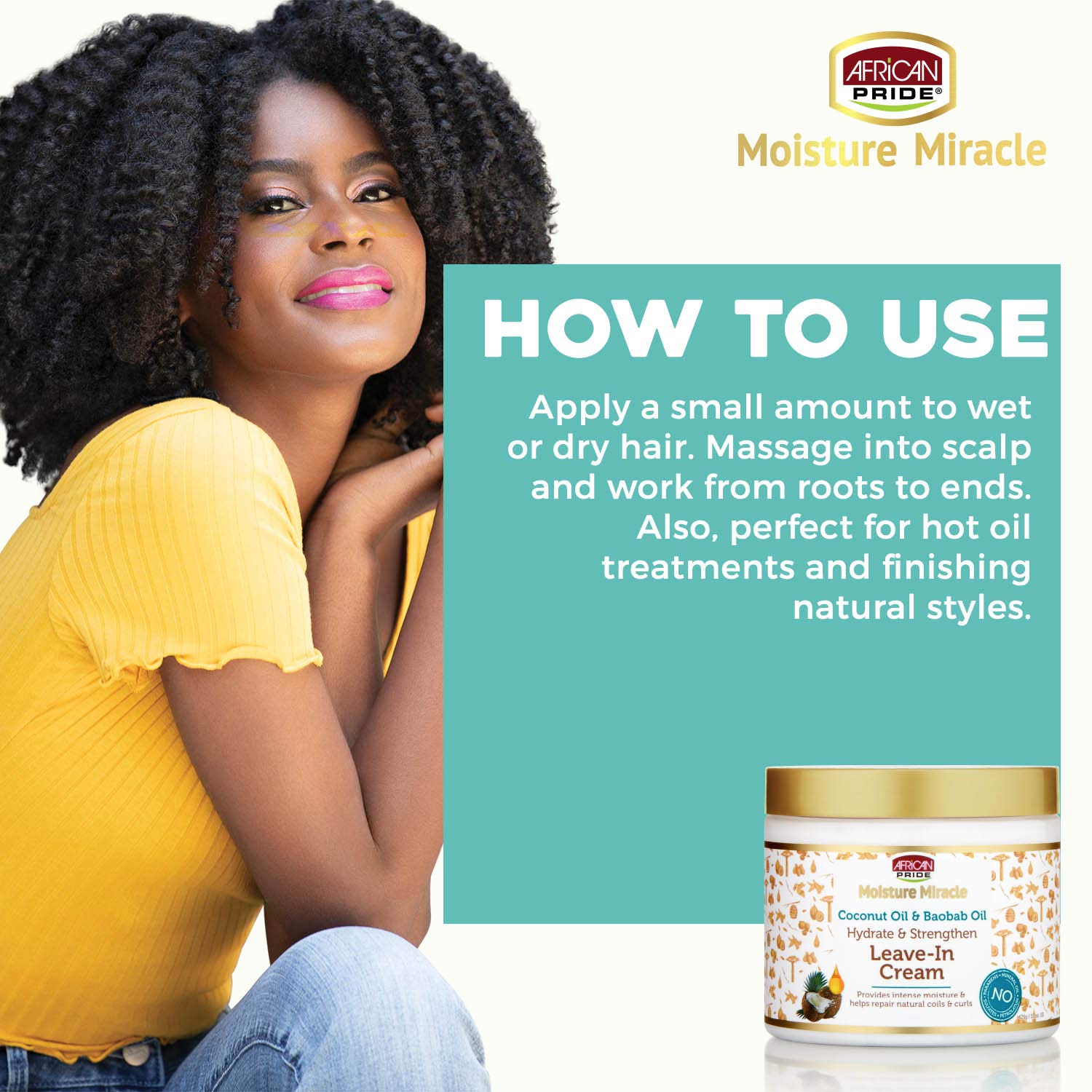 African Pride Moisture Miracle Coconut Oil & Baobab Oil Leave-In Cream - Provides Intense Moisture & Helps Repair Natural Coils & Curls, Hydrates & Strengthens, 15 oz : Beauty