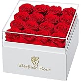 Eterfield Forever Flowers Preserved Roses Real Roses That Last Over a Year Rose Box Gifts for Her Mothers Day Valentines Day Christmas (Square White Box, 16 Red Roses)