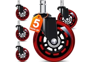 FreekyFit Office Chair Wheels for Casters Replacement - 3" Rubber Wheels for Computer Gaming Desk Caster Smooth & Safe Rolling for All Floors Including Hardwood and Carpet - Set of 5 - Red