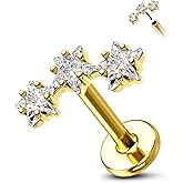 COCHARM 14K Yellow Gold Threadless Star Helix Flat Conch Earring Stud Flat Back 16g Cartilage Earring Yellow Gold Push Pin Cartilage Piercing 8mm 6mm Conch Piercing Jewelry