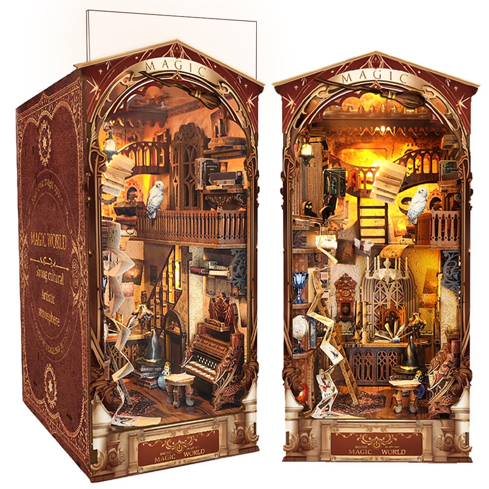 Lannso DIY Book Nook Kit, DIY Dollhouse Booknook, Magic Booknook 3D Wooden Puzzle Bookends, Book Nook Miniature Kits with LED Light for Adults (SQ014)