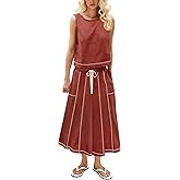 HOWALOOK Women’s 2 Piece Cotton Skirt Set Sleeveless Draped Tank Top Drawstring Midi Skirt Y2K Lounge Outfits