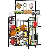 HEOMU Sports Equipment Organizer, Ball Organizer with Elastic Rope and Side Rack, Garage Ball Storage with 5 Hooks and 2 Baskets, Basketball Rack for Garage, Gym, Indoor or Outdoor, Black